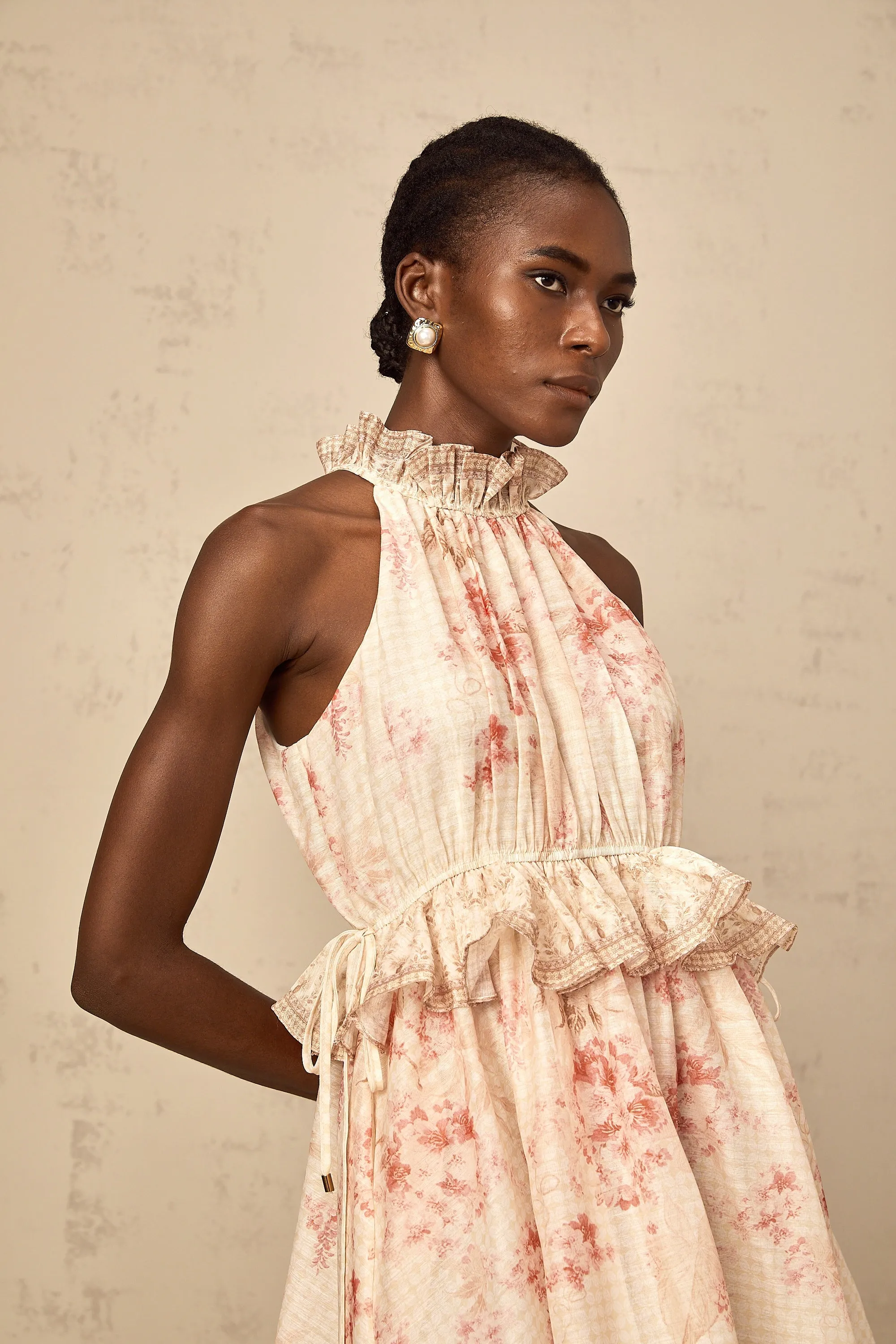 Angline halterneck floral-print mini dress in Neutrals