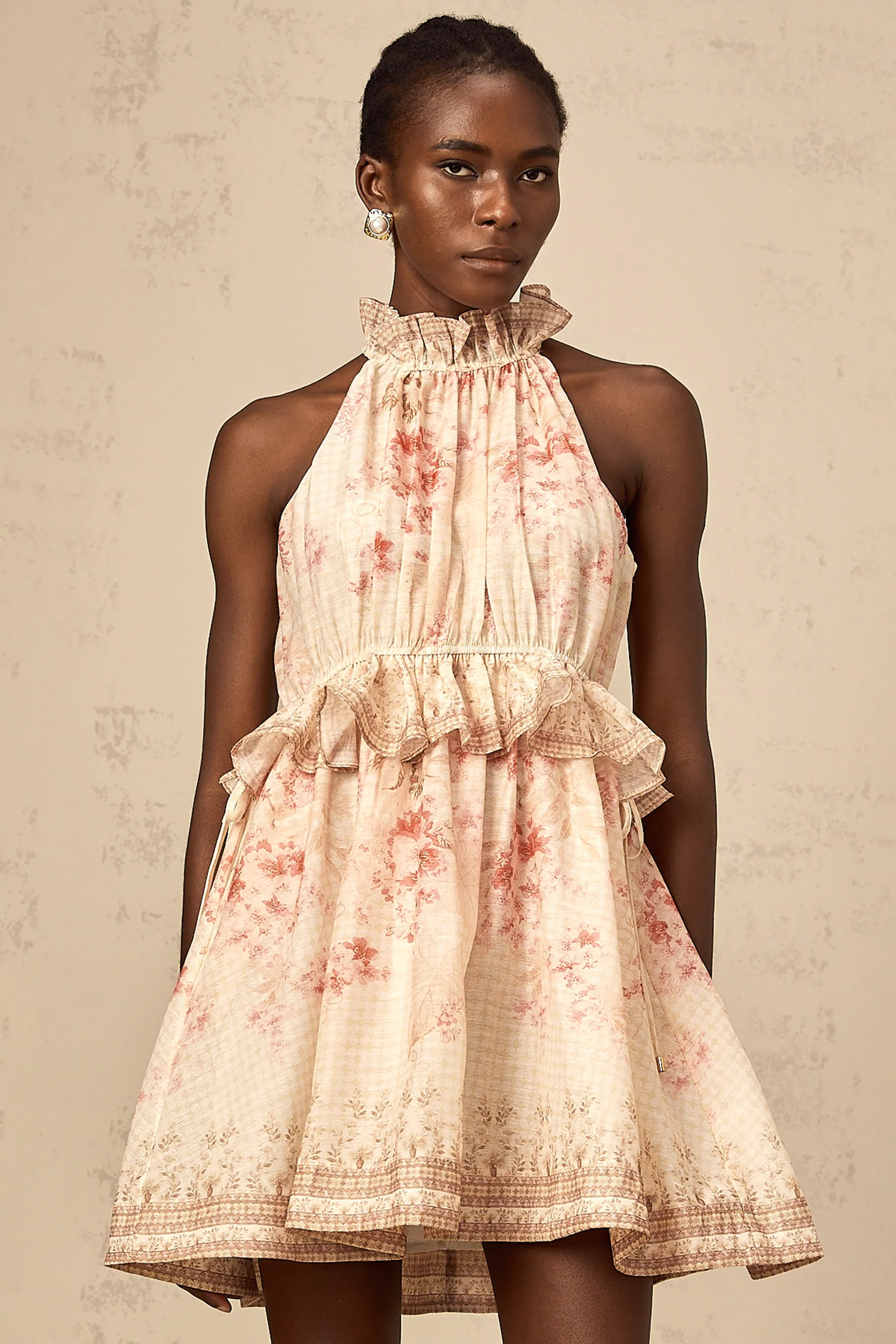 Angline halterneck floral-print mini dress in Neutrals