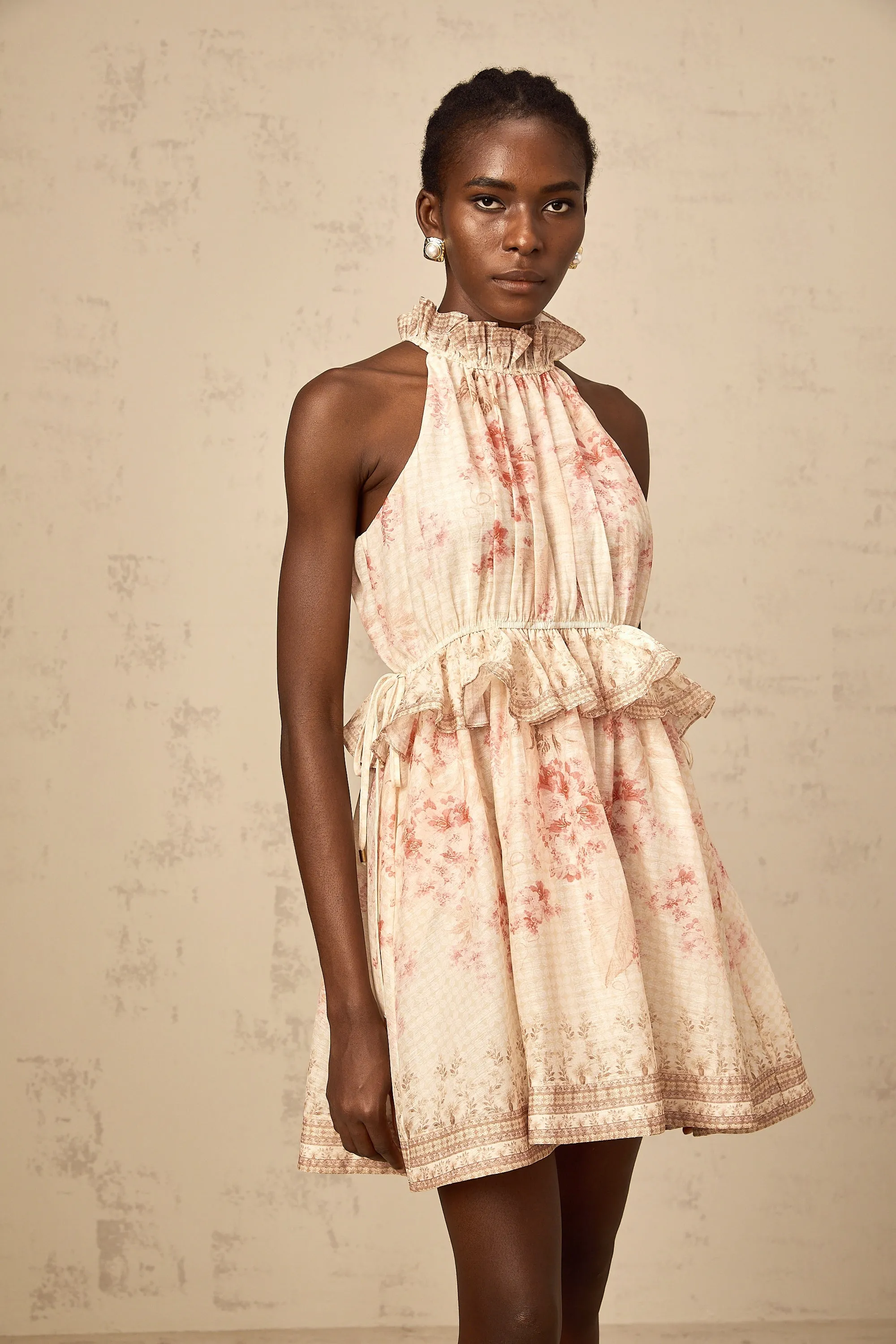 Angline halterneck floral-print mini dress in Neutrals