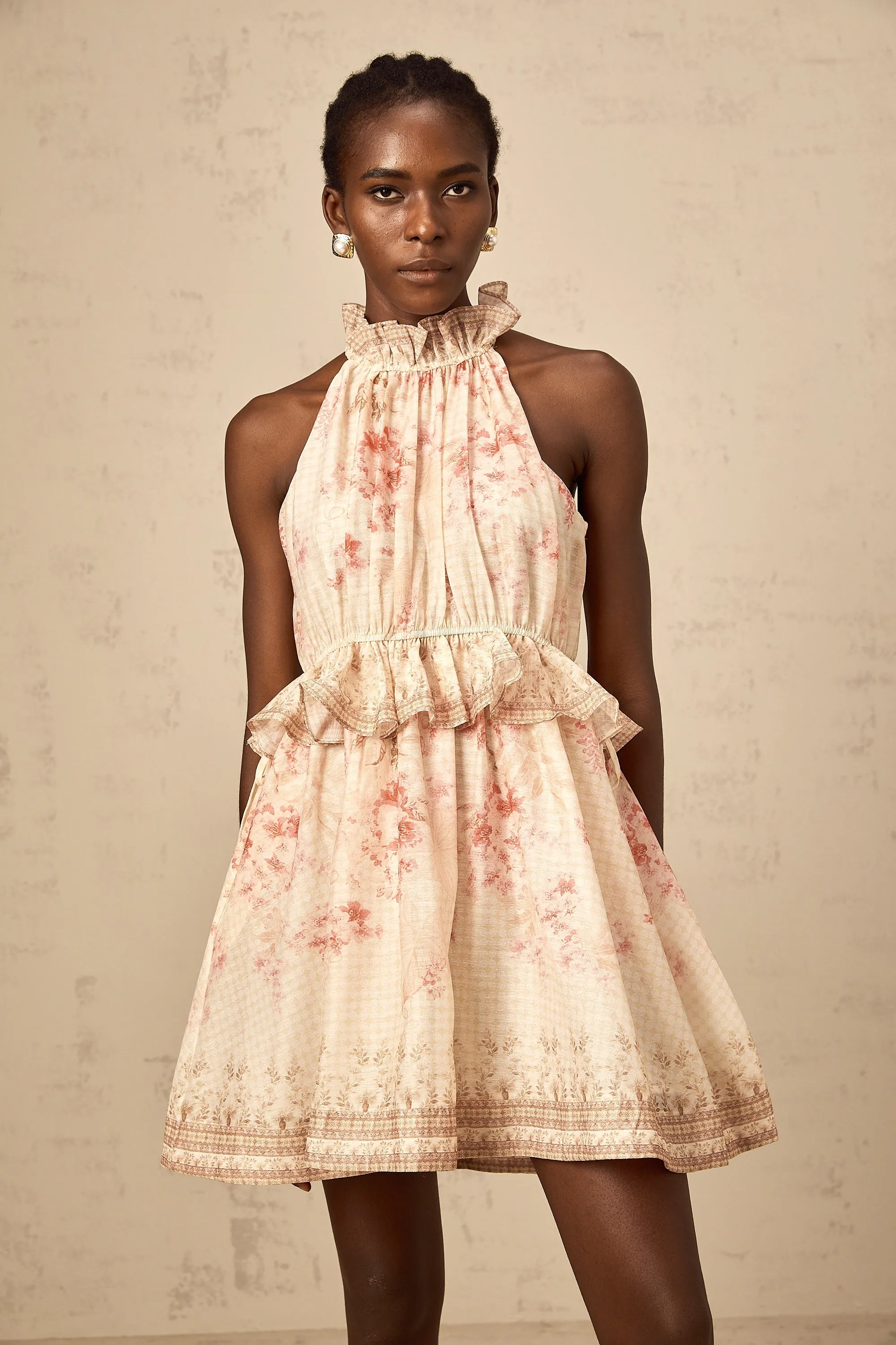 Angline halterneck floral-print mini dress in Neutrals