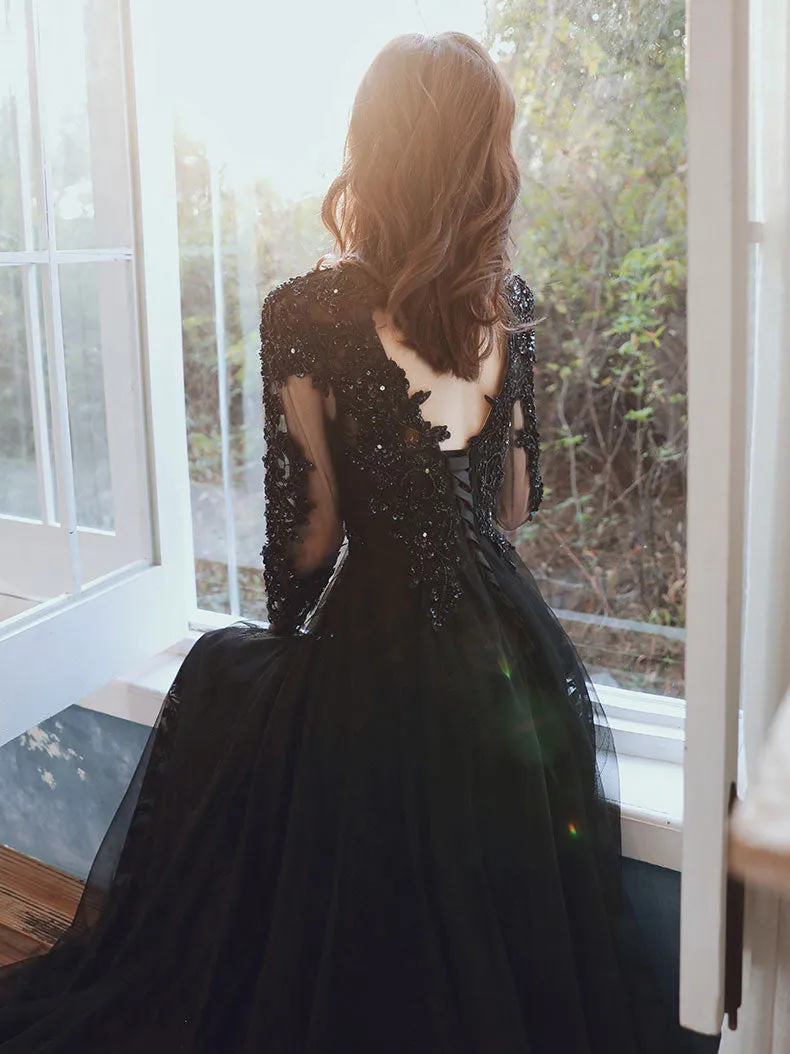 Black V Neck Tulle Lace  Beads Long Prom Dress, Black Tulle Evening Dresses