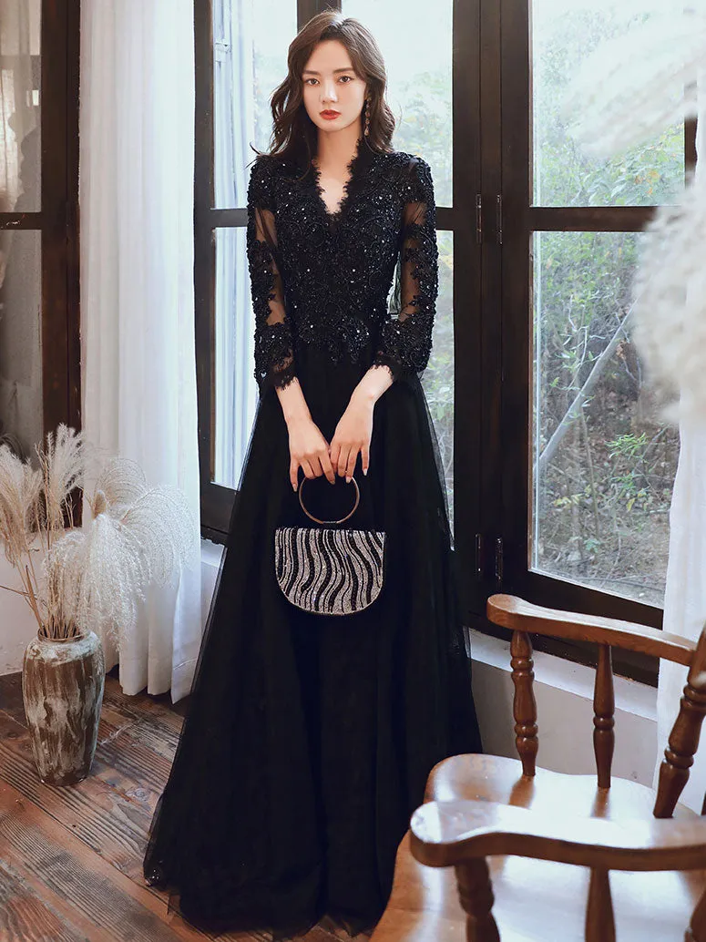 Black V Neck Tulle Lace  Beads Long Prom Dress, Black Tulle Evening Dresses