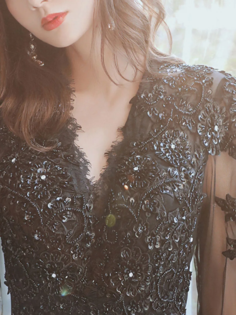 Black V Neck Tulle Lace  Beads Long Prom Dress, Black Tulle Evening Dresses