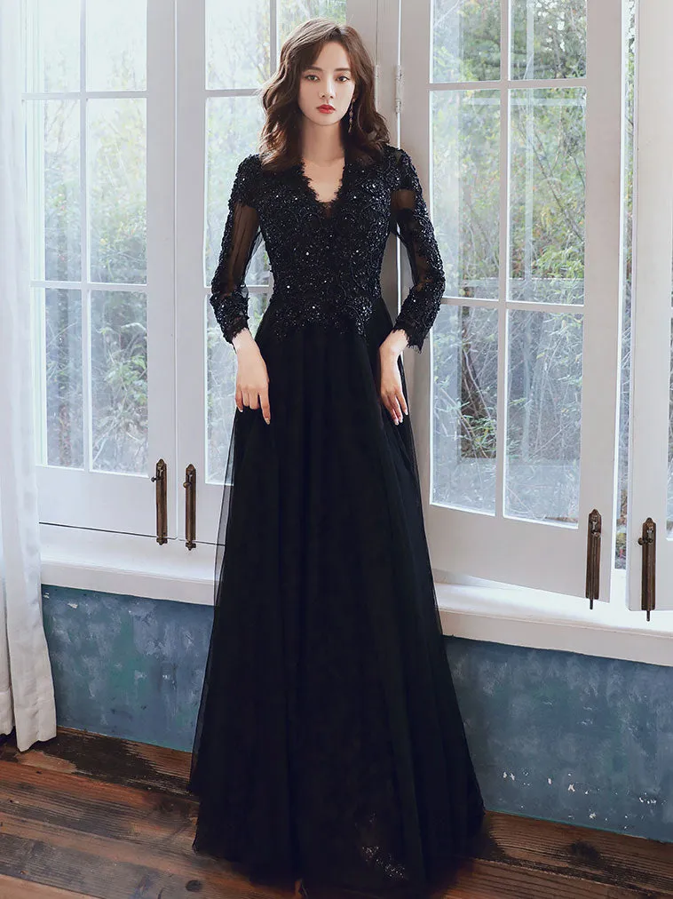 Black V Neck Tulle Lace  Beads Long Prom Dress, Black Tulle Evening Dresses
