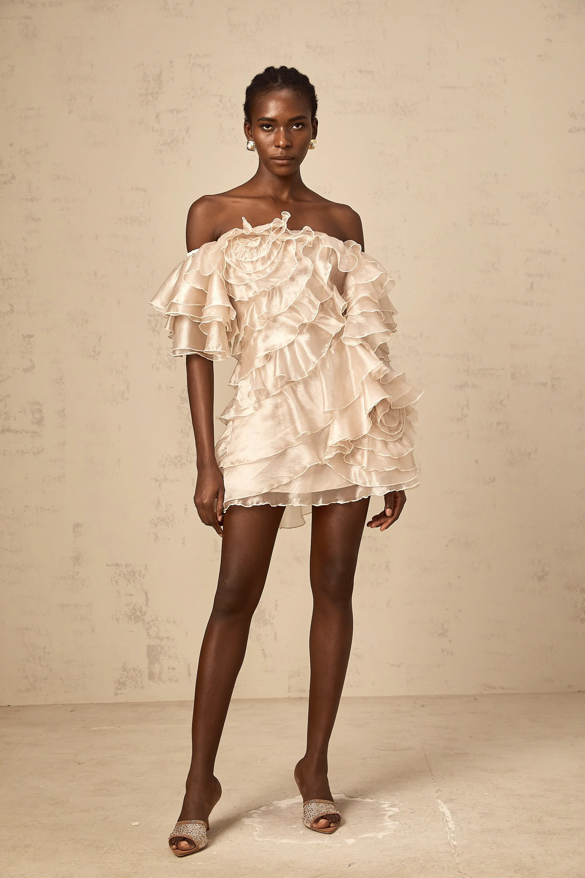 Cerise neutrals asymmetric flounce mini dress
