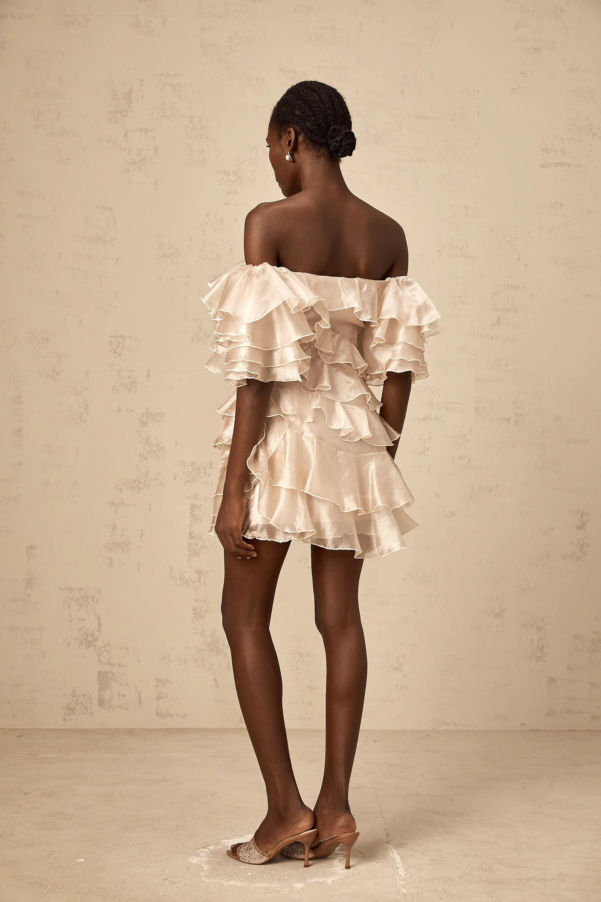 Cerise neutrals asymmetric flounce mini dress