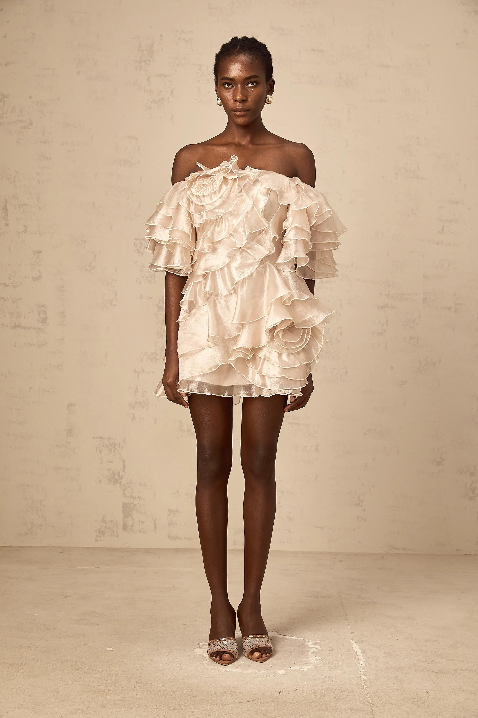 Cerise neutrals asymmetric flounce mini dress