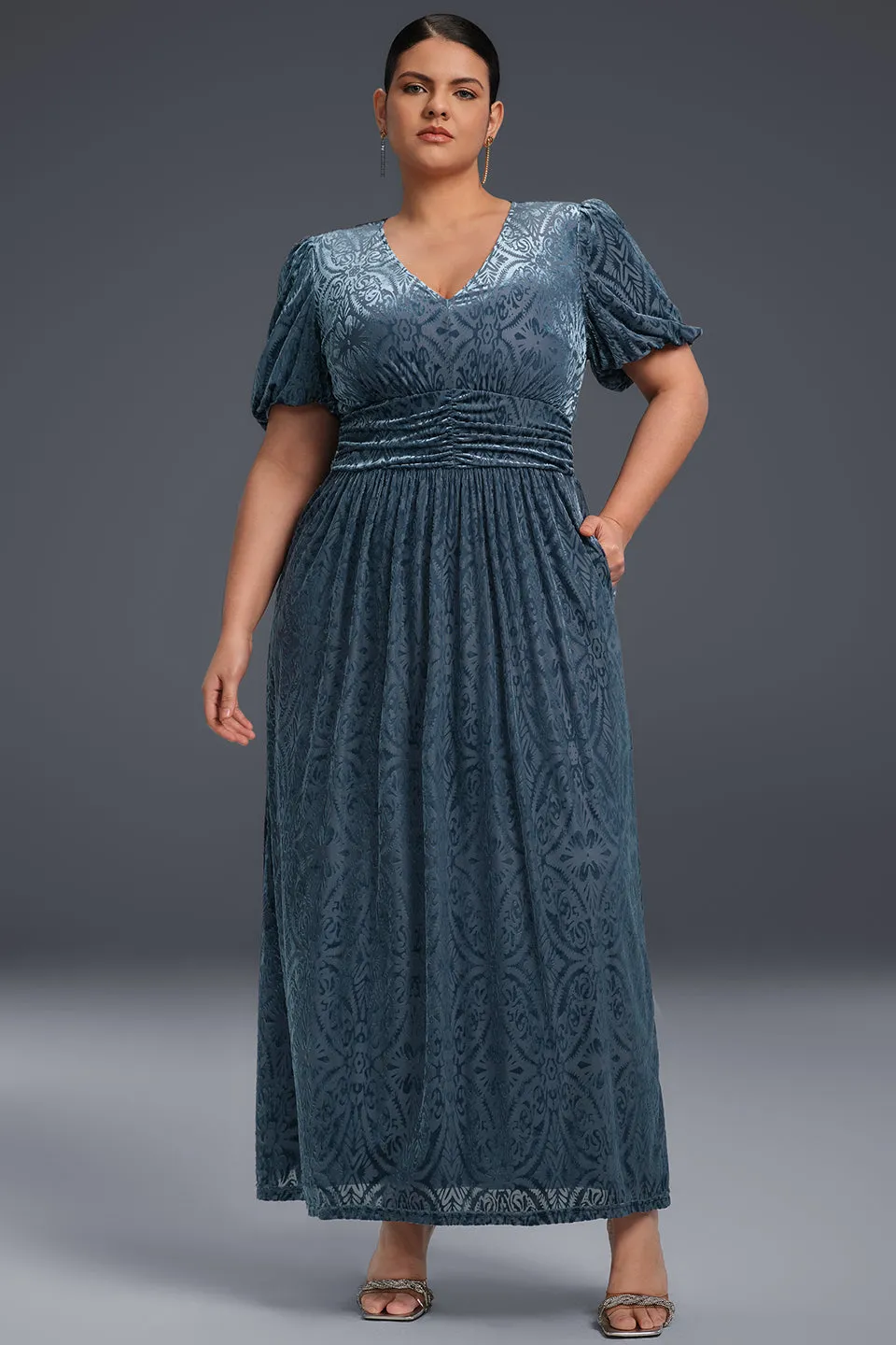 Curveins Plus Size V-Neck Velvet Plain Maxi Dress