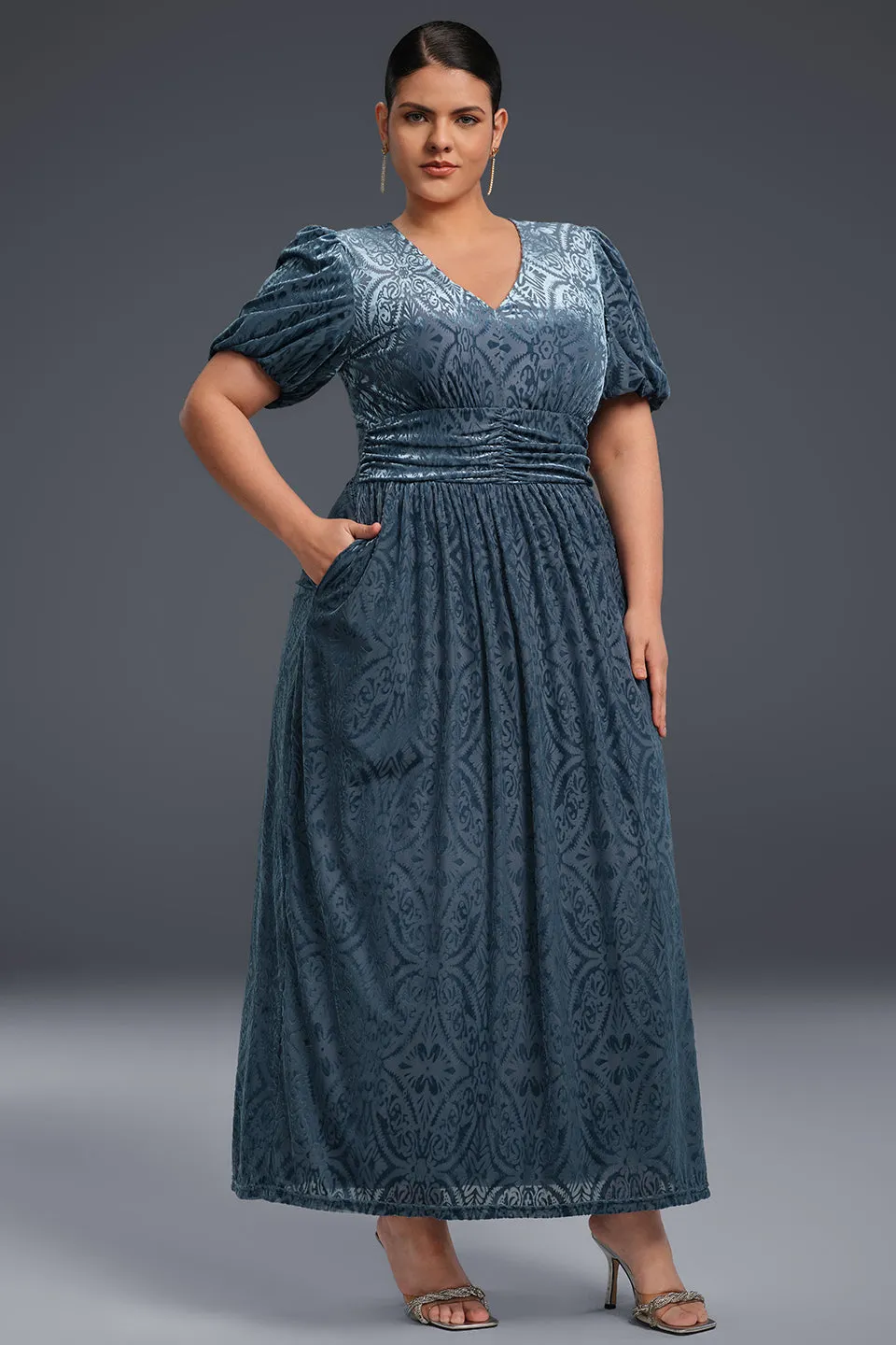Curveins Plus Size V-Neck Velvet Plain Maxi Dress