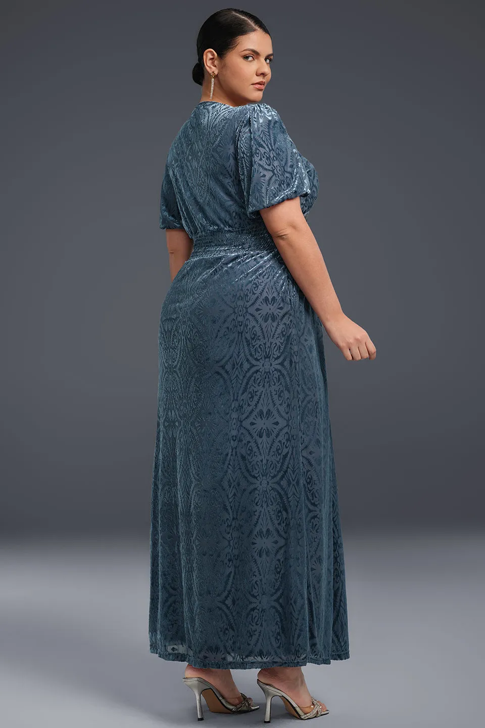 Curveins Plus Size V-Neck Velvet Plain Maxi Dress