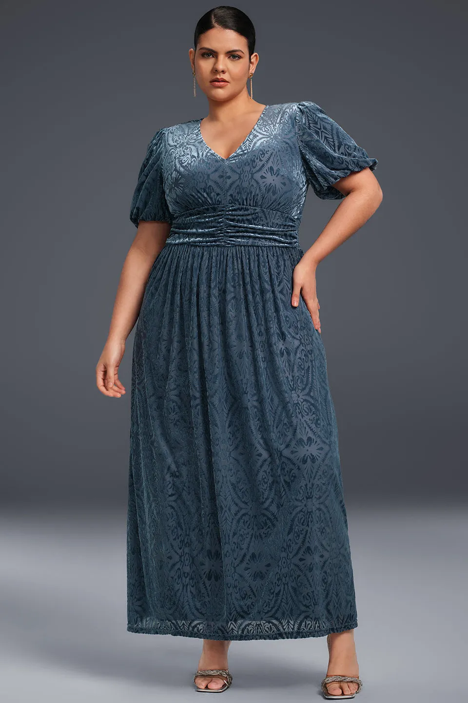 Curveins Plus Size V-Neck Velvet Plain Maxi Dress