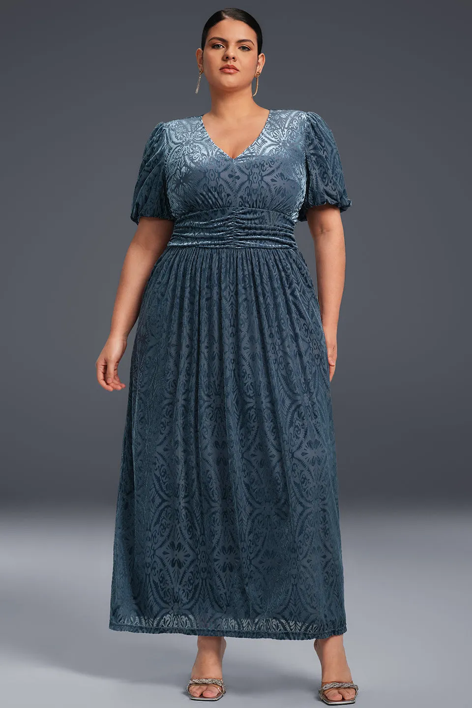 Curveins Plus Size V-Neck Velvet Plain Maxi Dress