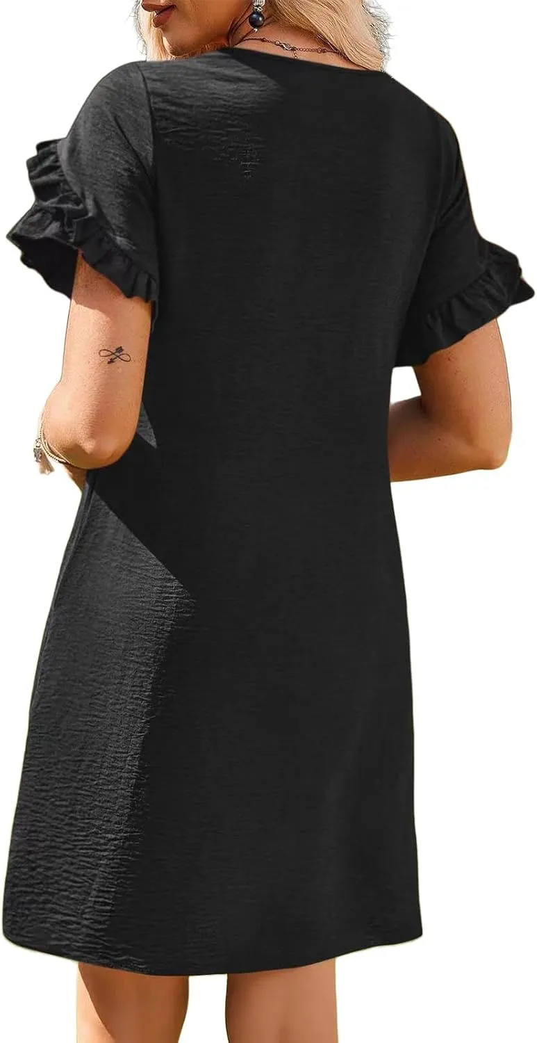 Dresses for Women Ruffle Short Sleeve Dress Summer A Line Mini Solid Dresses Casual Shift Dress Beach Sundress 2025