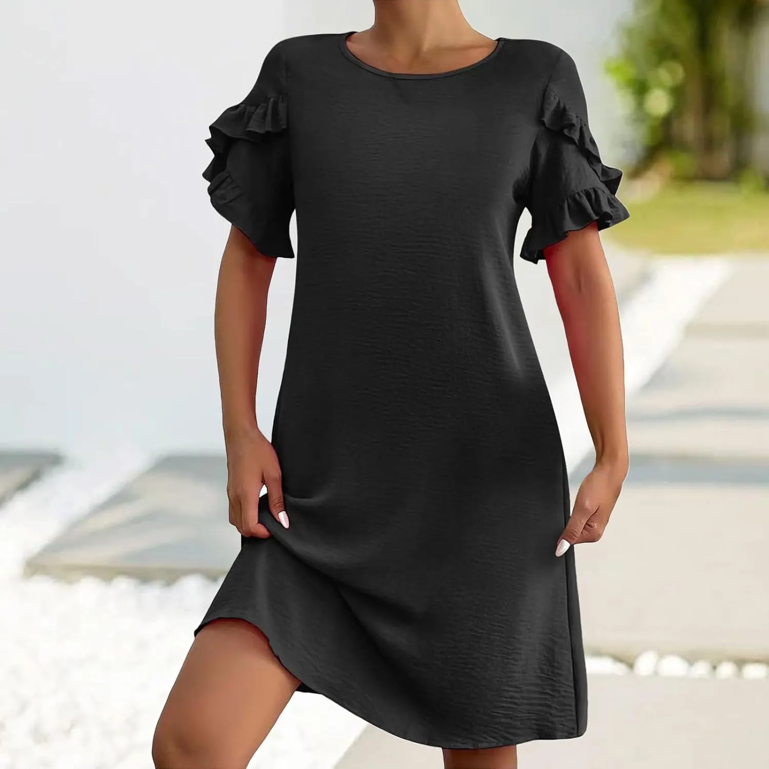 Dresses for Women Ruffle Short Sleeve Dress Summer A Line Mini Solid Dresses Casual Shift Dress Beach Sundress 2025