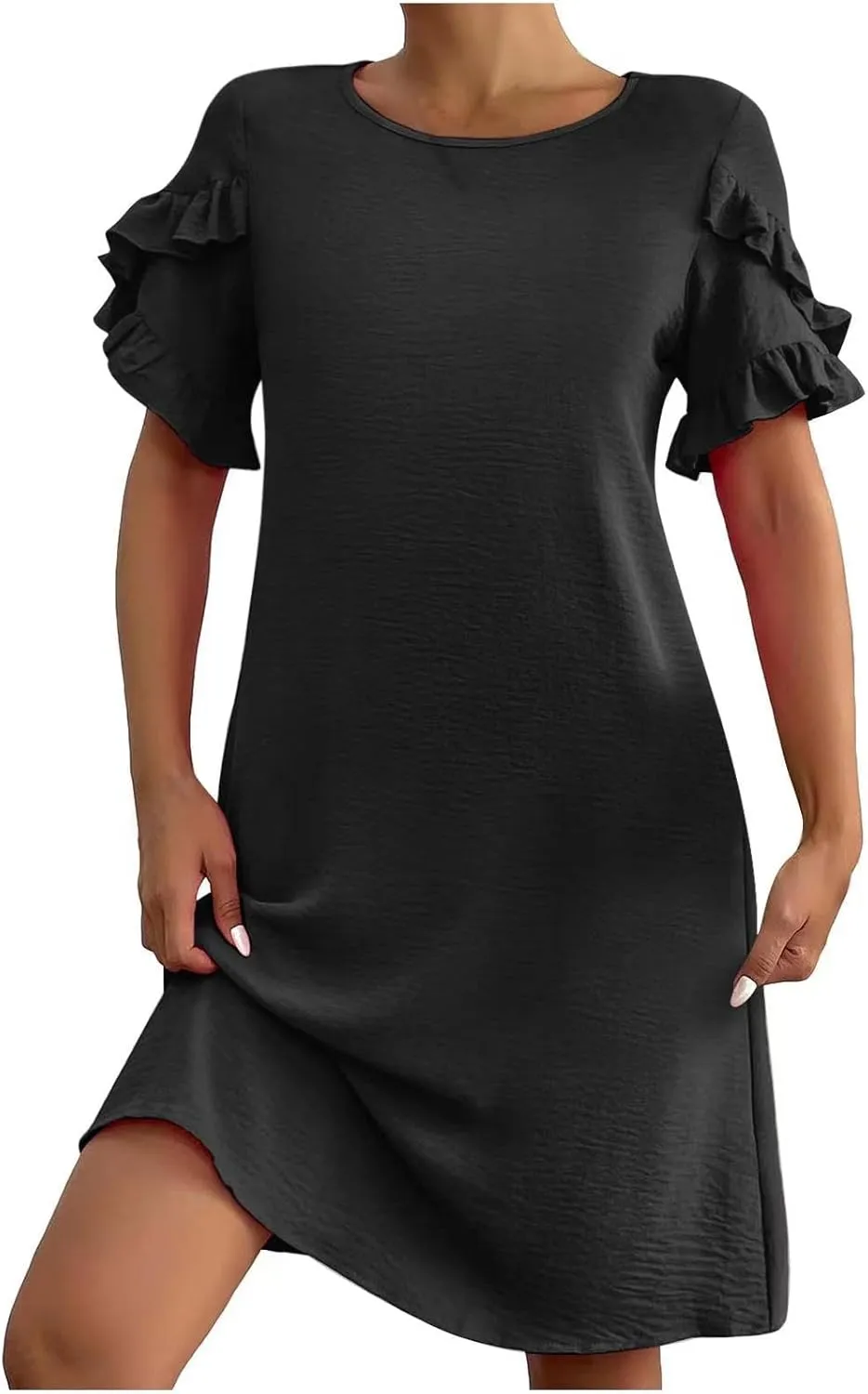 Dresses for Women Ruffle Short Sleeve Dress Summer A Line Mini Solid Dresses Casual Shift Dress Beach Sundress 2025