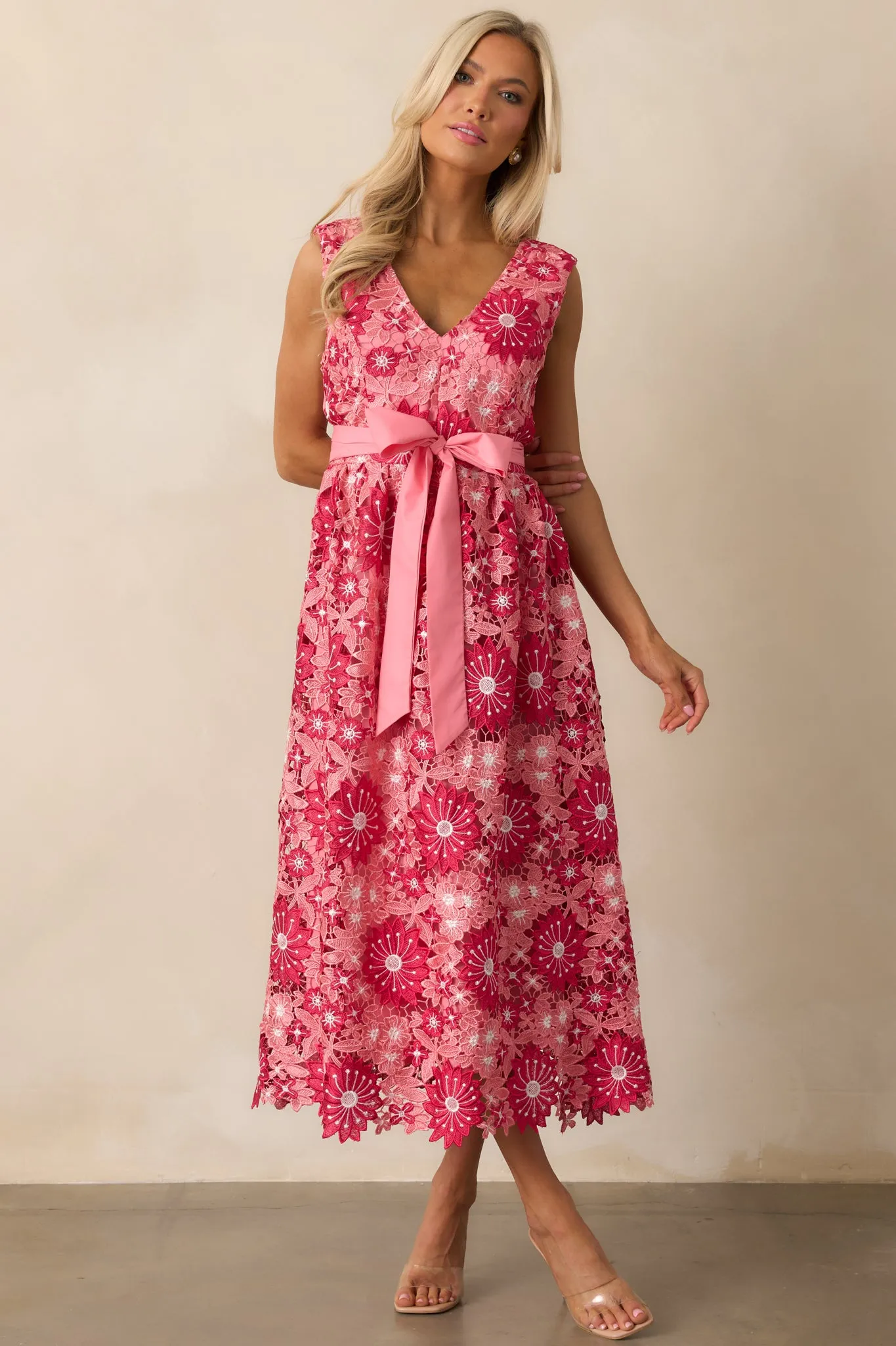 First Dance Pink Floral Embroidered Midi Dress