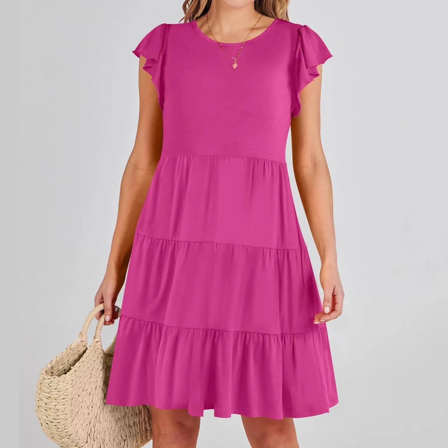 FZYLQY Swing Summer Dress for Women Ruffles Cap Sleeve Short Mini Dress Beach Vacation Tiered Boho Dress Cute Babydoll Dress