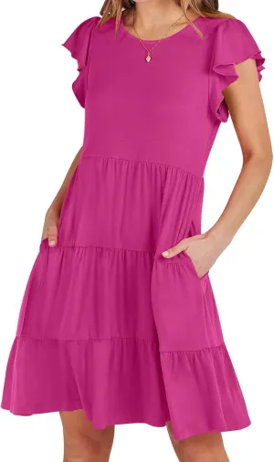 FZYLQY Swing Summer Dress for Women Ruffles Cap Sleeve Short Mini Dress Beach Vacation Tiered Boho Dress Cute Babydoll Dress