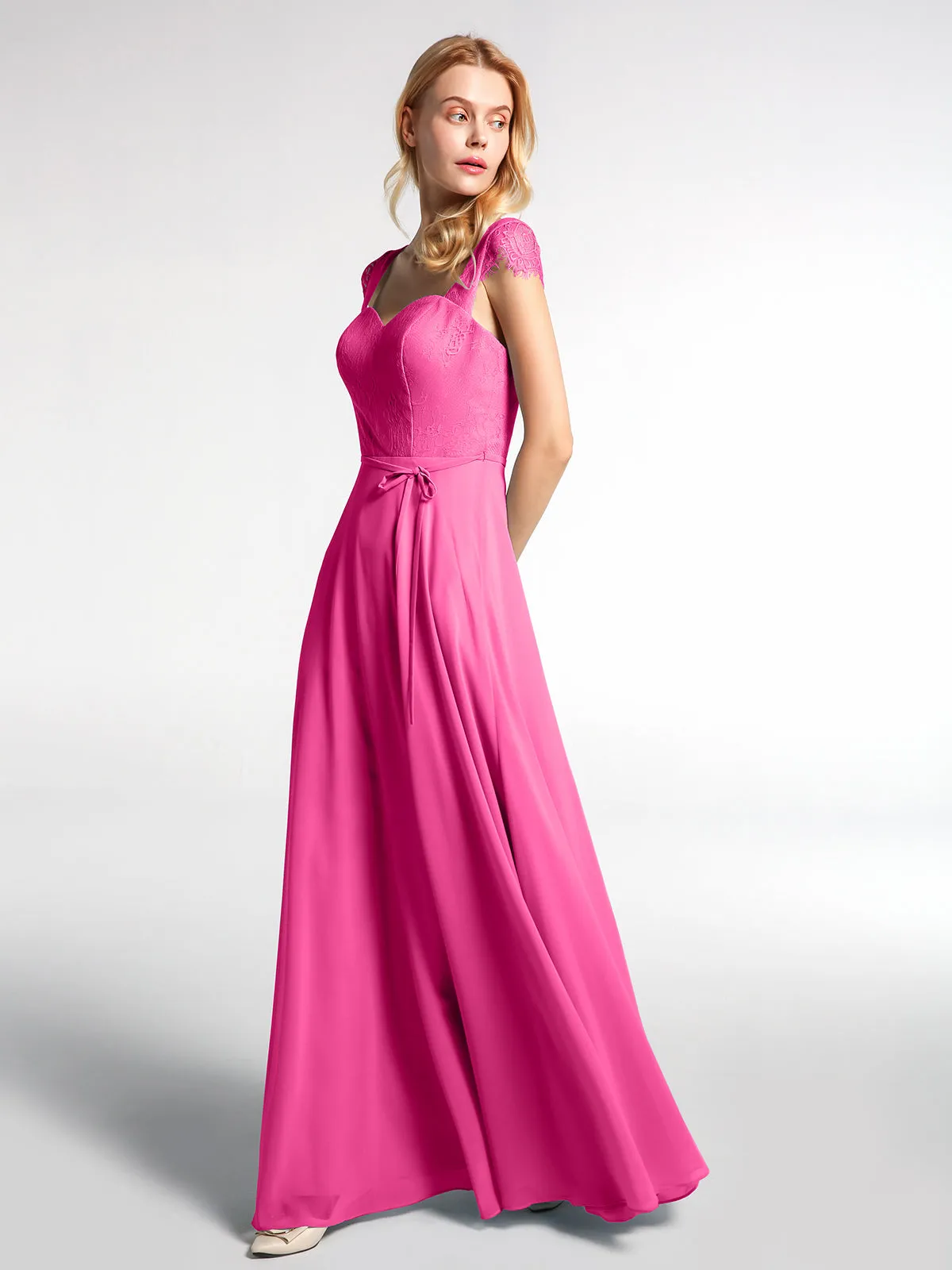 Lace Bodice Chiffon Skirt Dress with Cap Sleeves-Azalea Plus Size