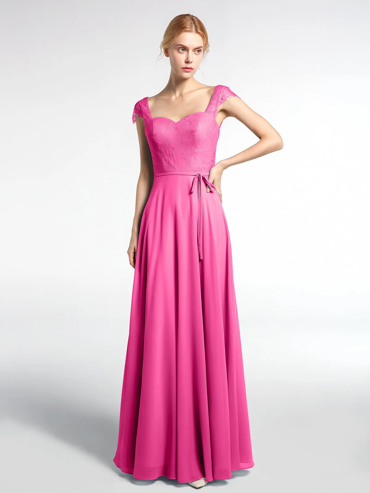 Lace Bodice Chiffon Skirt Dress with Cap Sleeves-Azalea Plus Size