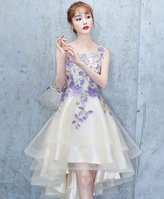Light Champagne Tulle Lace Short Prom Dress, Lace Homecoming Dress
