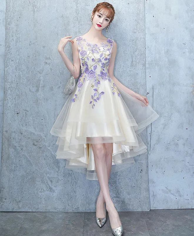 Light Champagne Tulle Lace Short Prom Dress, Lace Homecoming Dress