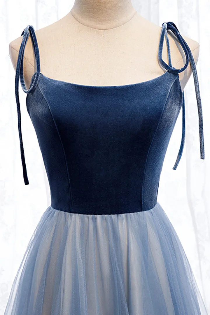 Luolandi Blue Velvet Tulle Long Prom Dresses A-Line Evening Dresses Floor Length