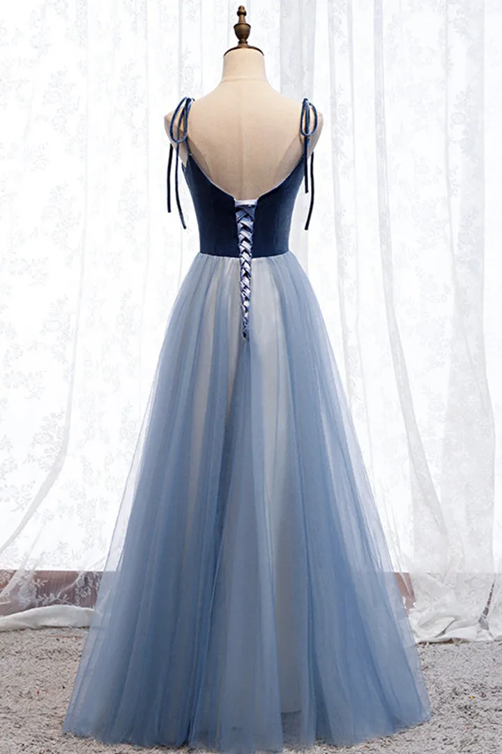 Luolandi Blue Velvet Tulle Long Prom Dresses A-Line Evening Dresses Floor Length