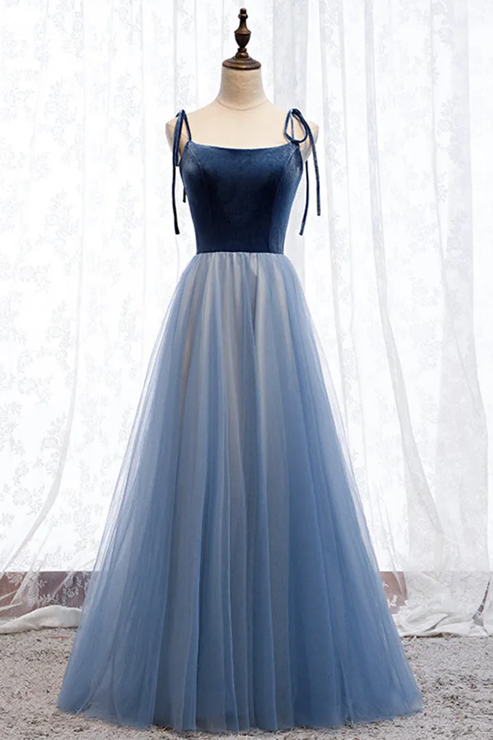 Luolandi Blue Velvet Tulle Long Prom Dresses A-Line Evening Dresses Floor Length