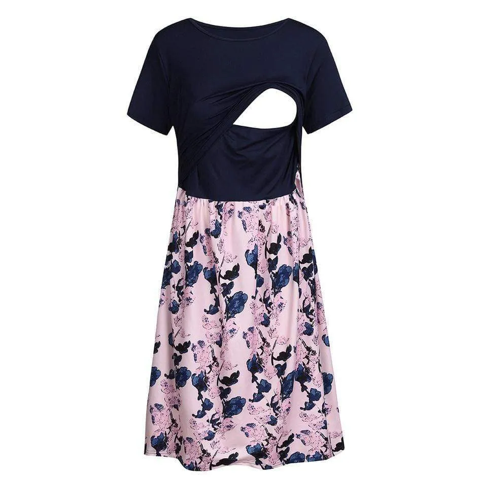 Stylish Floral Print Short-sleeve Nursing Dress
