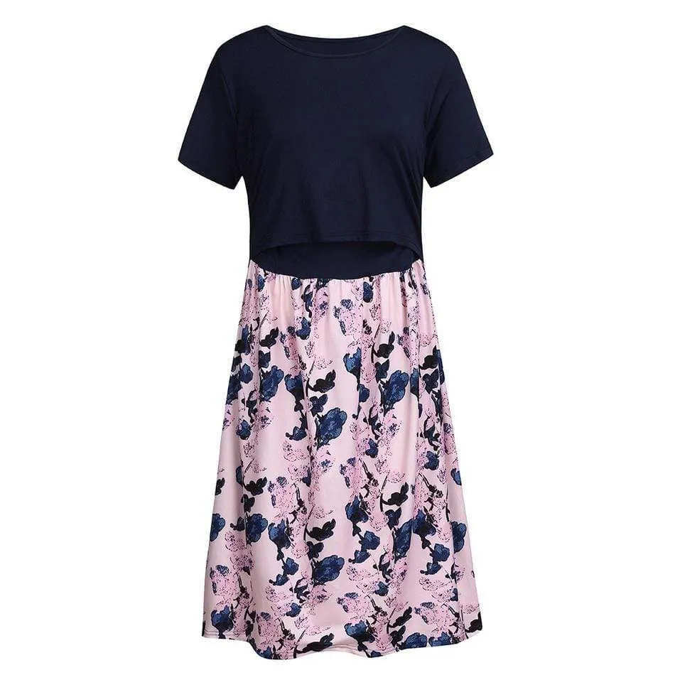 Stylish Floral Print Short-sleeve Nursing Dress