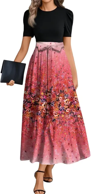 Summer Dresses for Women 2025 Patchwork a Line Dress Flowy Floral Long Sundress Short Sleeve Ruffle Hem Maxi Dress