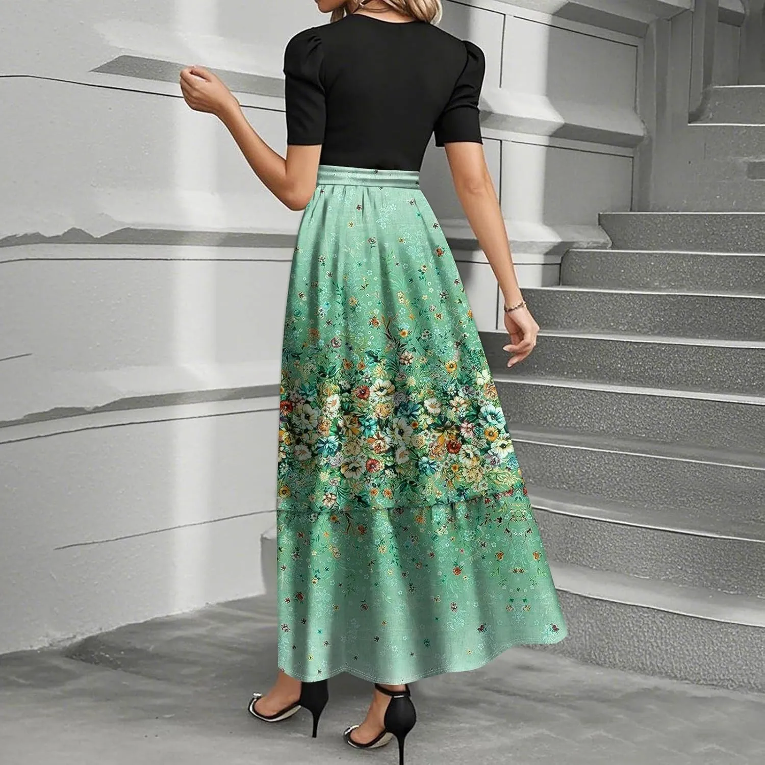 Summer Dresses for Women 2025 Patchwork a Line Dress Flowy Floral Long Sundress Short Sleeve Ruffle Hem Maxi Dress