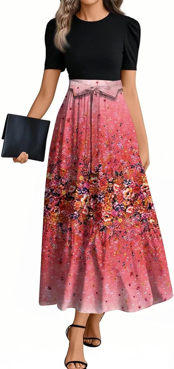 Summer Dresses for Women 2025 Patchwork a Line Dress Flowy Floral Long Sundress Short Sleeve Ruffle Hem Maxi Dress