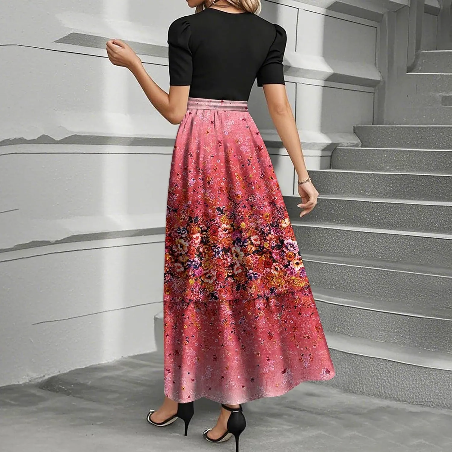 Summer Dresses for Women 2025 Patchwork a Line Dress Flowy Floral Long Sundress Short Sleeve Ruffle Hem Maxi Dress