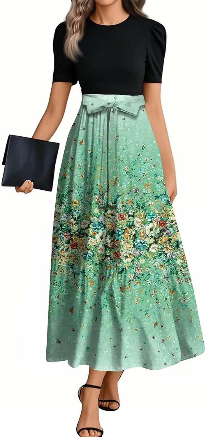 Summer Dresses for Women 2025 Patchwork a Line Dress Flowy Floral Long Sundress Short Sleeve Ruffle Hem Maxi Dress