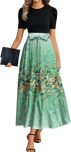 Summer Dresses for Women 2025 Patchwork a Line Dress Flowy Floral Long Sundress Short Sleeve Ruffle Hem Maxi Dress