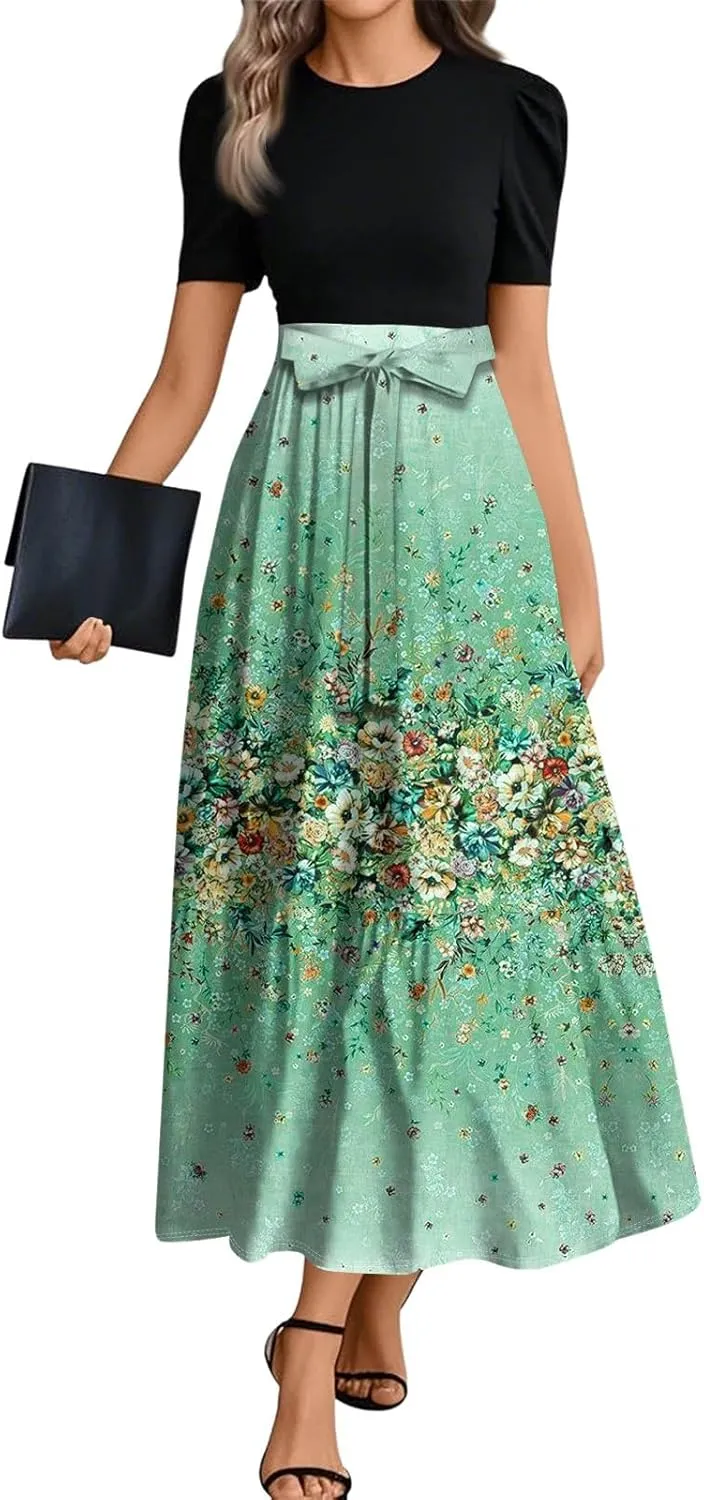 Summer Dresses for Women 2025 Patchwork a Line Dress Flowy Floral Long Sundress Short Sleeve Ruffle Hem Maxi Dress