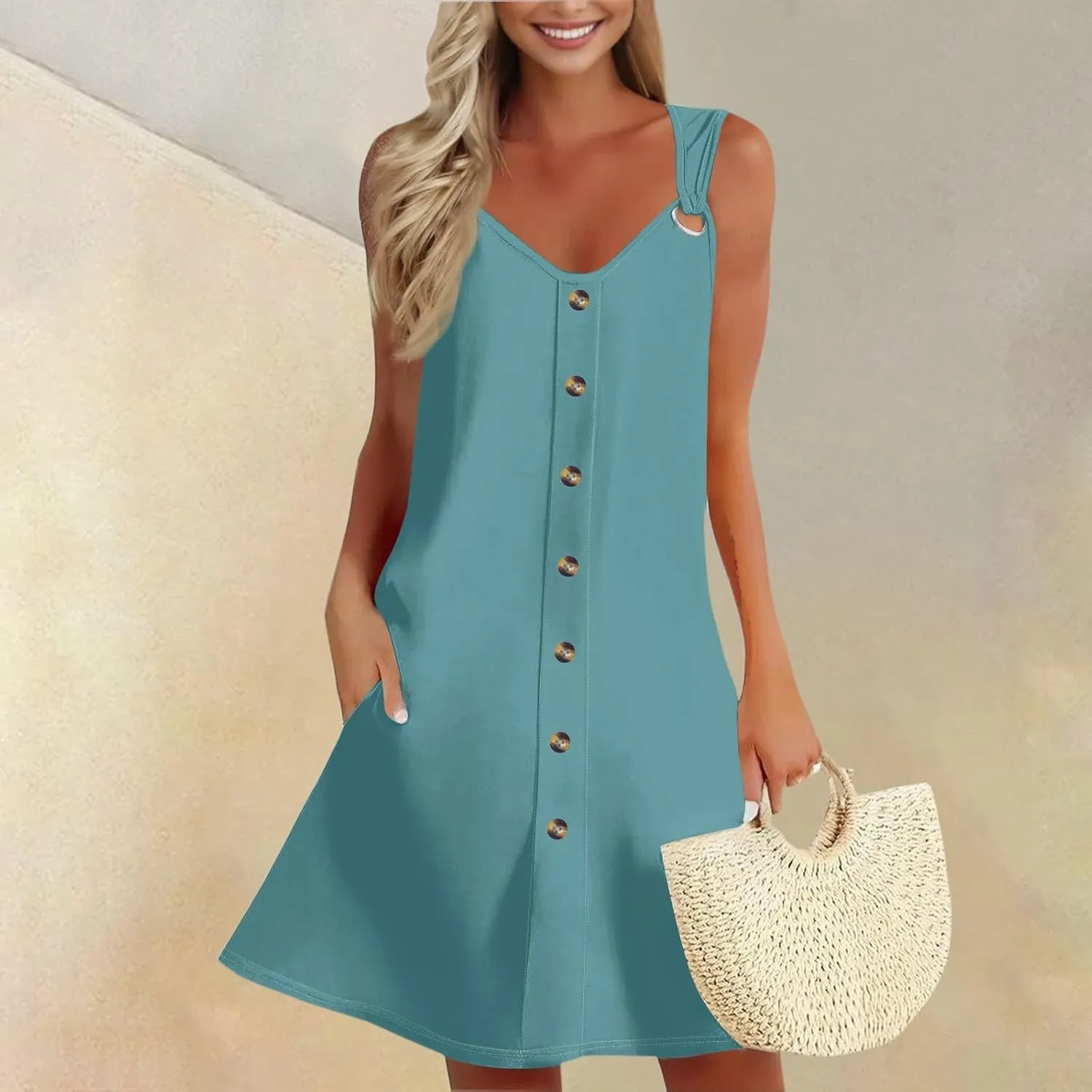 Sun Dresses for Women 2025 Summer Midi Buttons Sleeveless Dress V Neck Slip Glam Beach Tank Dress with Pocket