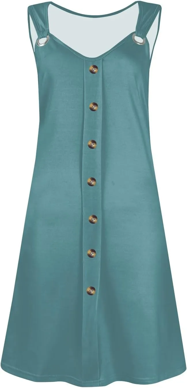 Sun Dresses for Women 2025 Summer Midi Buttons Sleeveless Dress V Neck Slip Glam Beach Tank Dress with Pocket