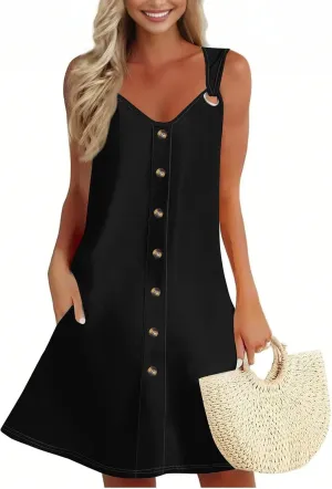 Sun Dresses for Women 2025 Summer Midi Buttons Sleeveless Dress V Neck Slip Glam Beach Tank Dress with Pocket