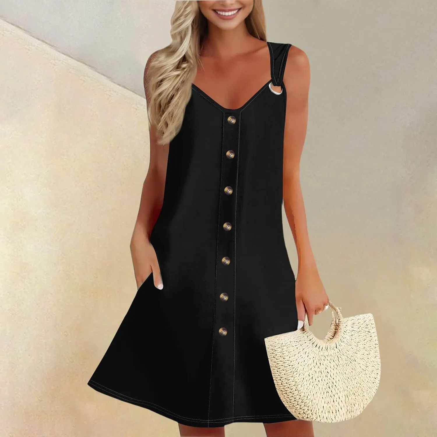 Sun Dresses for Women 2025 Summer Midi Buttons Sleeveless Dress V Neck Slip Glam Beach Tank Dress with Pocket