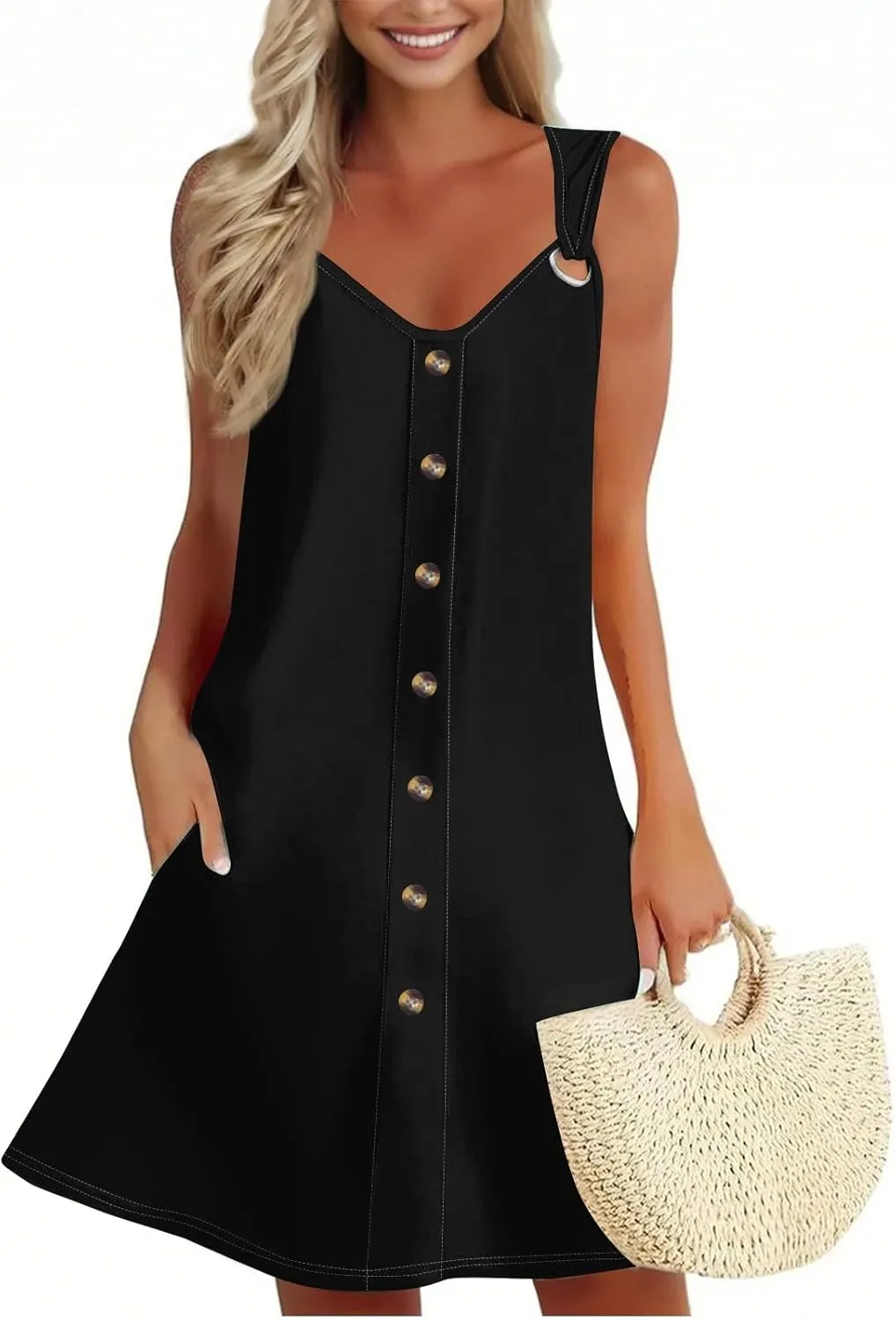 Sun Dresses for Women 2025 Summer Midi Buttons Sleeveless Dress V Neck Slip Glam Beach Tank Dress with Pocket