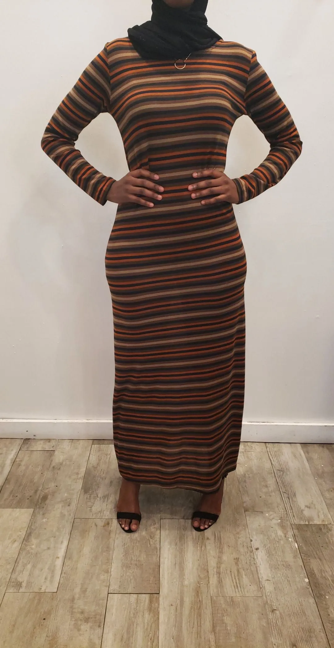 Winter Maxi Dress - Tan/Brown/Orange Stripe