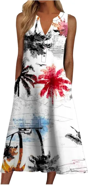 Women Casual Loose Long Dress Sleeveless Split Maxi Dresses Summer Beach Dress with Pockets Elastic Waist