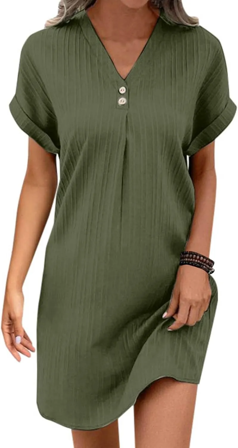 Womens Button Down Summer Dress 2025 Spring Flutter Sleeve Cotton Linen Dress Plus Size Beach A Line Casual Dress