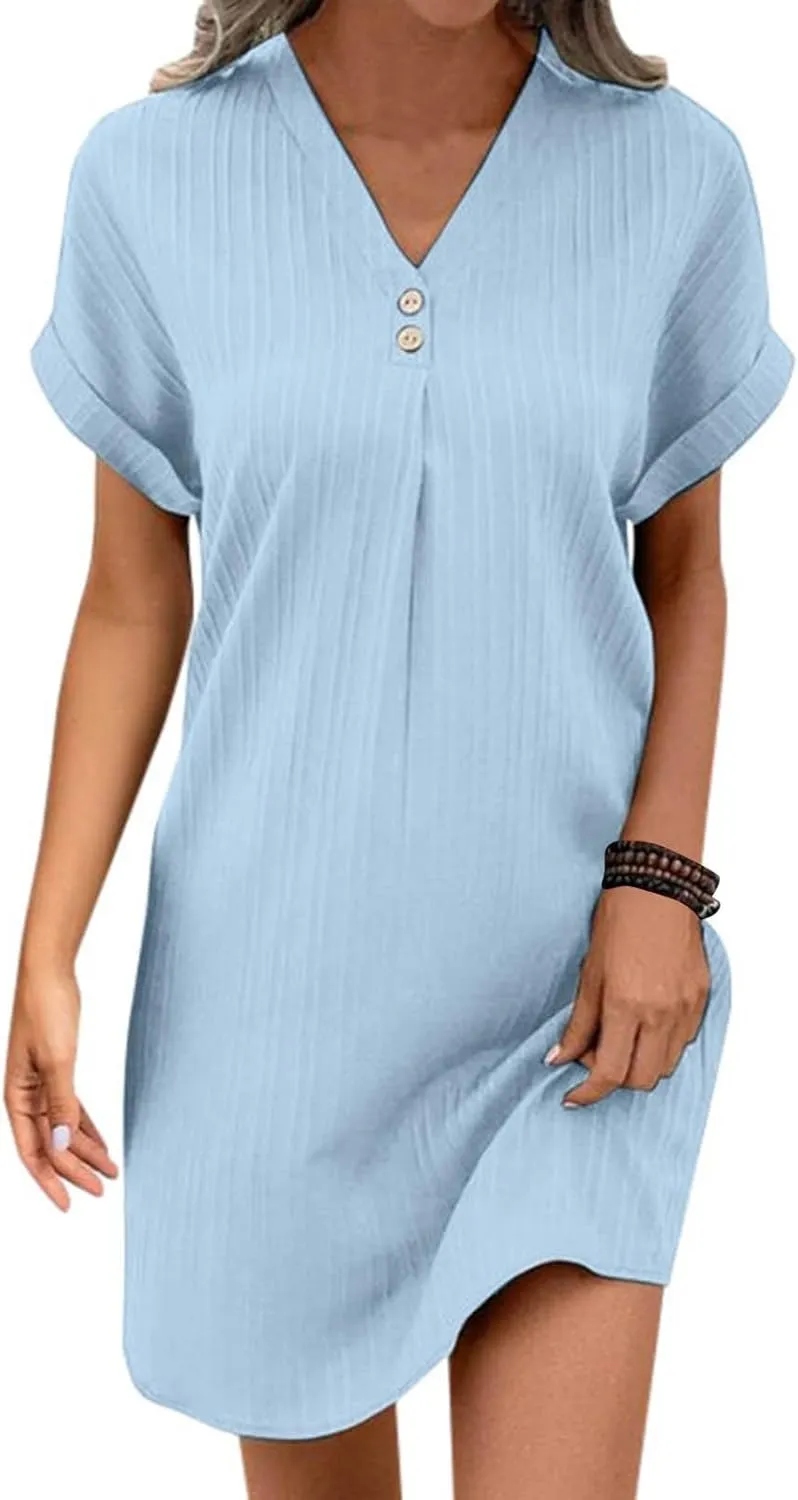 Womens Button Down Summer Dress 2025 Spring Flutter Sleeve Cotton Linen Dress Plus Size Beach A Line Casual Dress