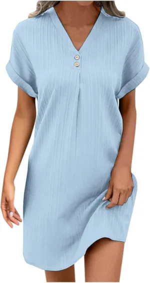 Womens Button Down Summer Dress 2025 Spring Flutter Sleeve Cotton Linen Dress Plus Size Beach A Line Casual Dress