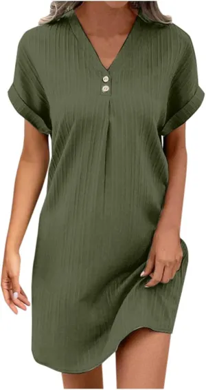 Womens Button Down Summer Dress 2025 Spring Flutter Sleeve Cotton Linen Dress Plus Size Beach A Line Casual Dress