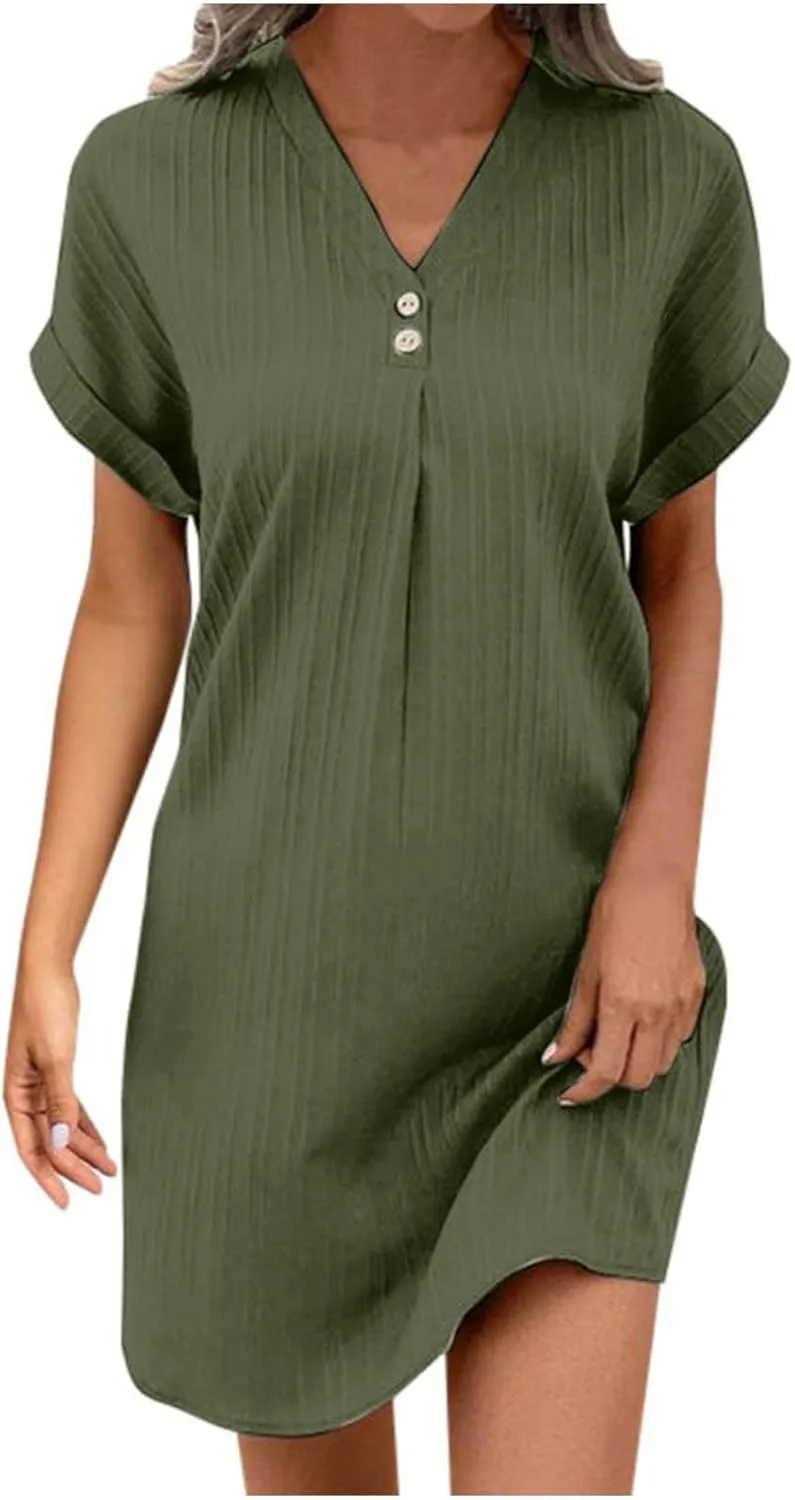 Womens Button Down Summer Dress 2025 Spring Flutter Sleeve Cotton Linen Dress Plus Size Beach A Line Casual Dress